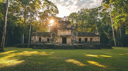 Sunlit Mayan ruins in lush jungle.