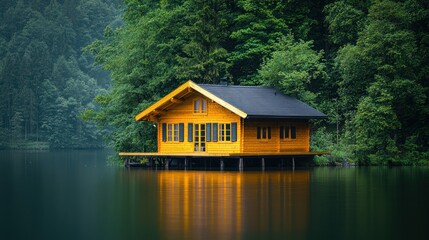 Fototapeta premium Yellow cabin reflecting on lake among trees and lush green background, scenic landscape