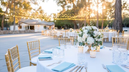 Fototapeta premium Elegant wedding reception outdoor venue table setting daytime scenic view celebration