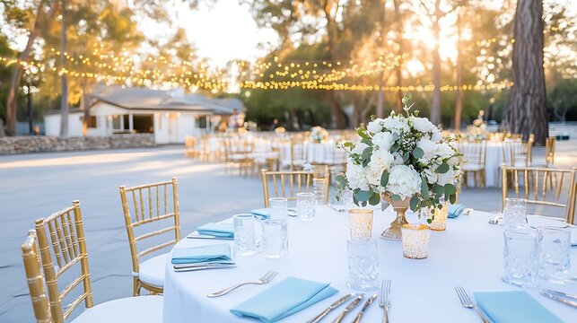 Elegant wedding reception outdoor venue table setting daytime scenic view celebration