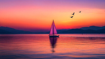 Serene Sunset Sailing: Tranquil Sea and Radiant Horizons Capture Freedom and Adventure