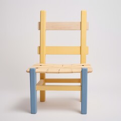 Fototapeta premium Wooden chair with a woven seat, painted in yellow and blue, set against a plain white background