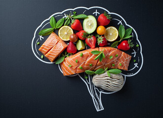 Overhead shot of salmon, strawberries, lemons, and other healthy foods arranged in the shape of a brain on a dark surface.