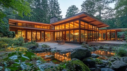 Fototapeta premium Modern illuminated house with large windows, patio, and pond at dusk.