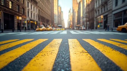 Obraz premium Yellow traffic markings guide taxi cabs on a busy urban street under the sunlight