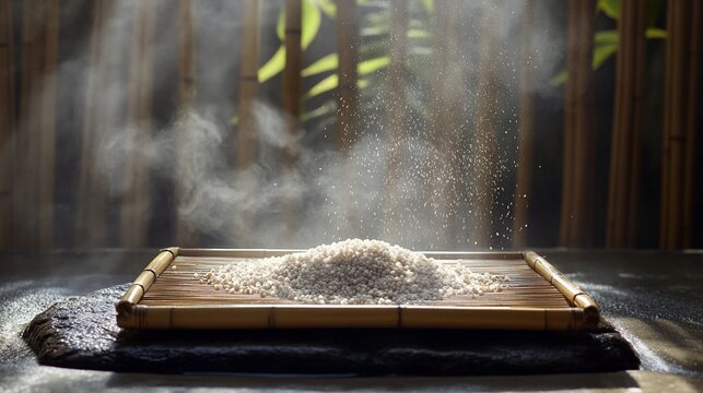 Steaming rice pile on bamboo tray, garden backdrop. Food packaging, blog