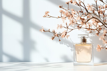 A luxury perfume bottle with an elegant, modern design placed on a smooth surface
