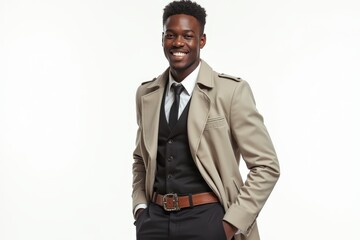 Fototapeta premium Half-Length (Waist-Up) portrait of young stylish smiling Comorian male model in steampunk wear isolated on pure white background looking at camera