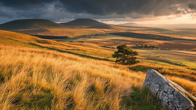 Golden hour landscape, rolling hills, lone tree, stone.