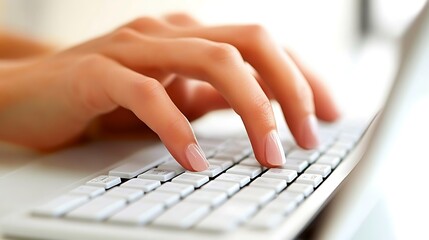 A hand with nails is typing on a white keyboard surface