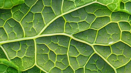 Close-up vibrant green leaf vein texture, garden backdrop, food packaging design