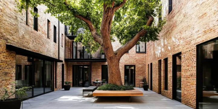 A tranquil urban courtyard featuring a central tree surrounded by modern architectural designs
