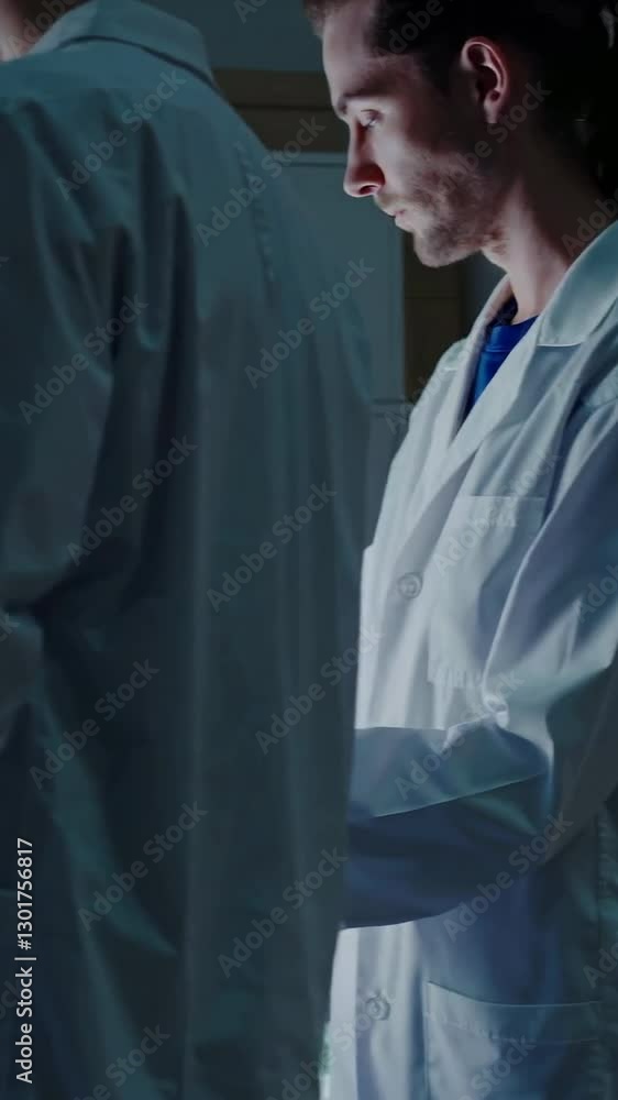 Poster scientists analyzing holographic microscopic samples in a hightech laboratory environment