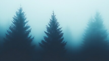 Pine Trees Silhouetted In Dense Foggy Overcast Forest