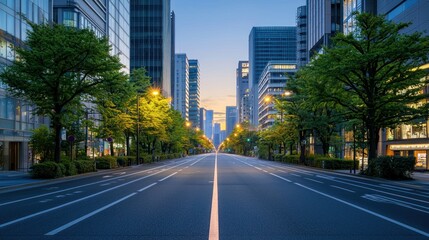 Obraz premium Empty city street at dawn, skyscrapers, trees, lights.