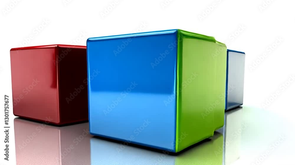 Wall mural isolated row of three colorful square prisms with sharp edges reflecting on white surface
