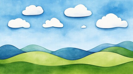 Obraz premium Vibrant watercolor summer scene showcasing blue skies, fluffy clouds, and lush green fields, perfect for decor or prints.