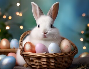 A charming Easter bunny with soft, white fur holding a small wicker basket filled with pastel-colored Easter eggs. The bunny's gentle expression and the warm, inviting colors evoke a sense of joy