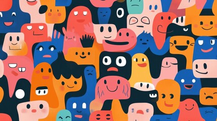 Vibrant cartoon faces featuring diverse emotions and gestures create a lively, seamless pattern perfect for playful designs.