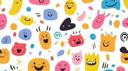 Obraz premium Vibrant cartoon faces featuring diverse emotions and gestures create a lively, seamless pattern perfect for playful designs.