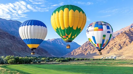 Obraz premium Hot air balloon festival in scenic valley aerial view vibrant landscape