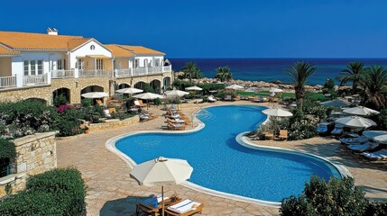 Fototapeta premium A Greek-style hotel pool with white stone architecture, overlooking the deep blue sea.