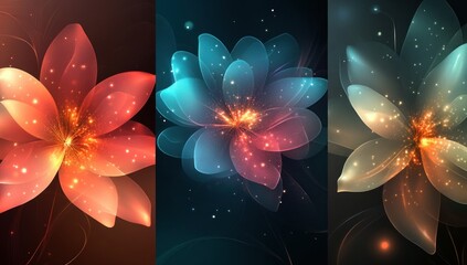 Three luminous abstract flowers in red, blue, and green hues.