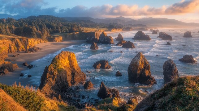 Sunset over dramatic ocean coastline with rocky formations and sandy beach. - Powered by Adobe