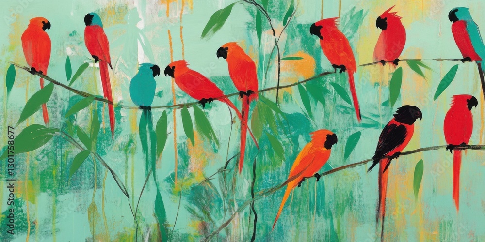 Wall mural a collection of colorful birds resting on branches within a vibrant natural setting
