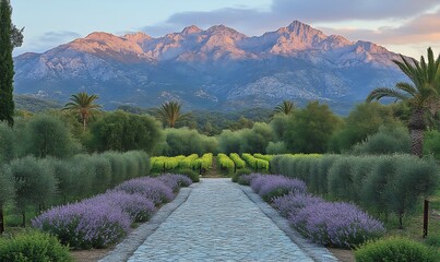 Serene Lavender Fields and Vineyard Pathway with Mountain View