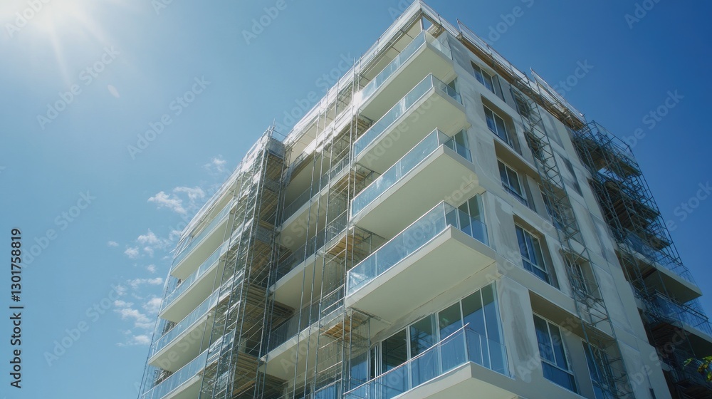 Poster a high-rise building under development with exposed steel framework and scaffolding.