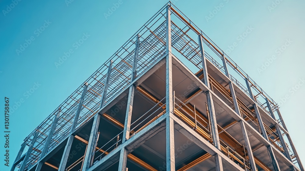 Poster a high-rise building under development with exposed steel framework and scaffolding.