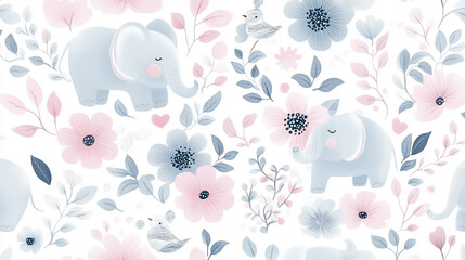 Cute elephant and floral pattern for nursery wall art or fabric design