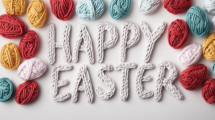 'Happy Easter' knitted greeting with colorful yarn on white background. Festive knitting design and banner