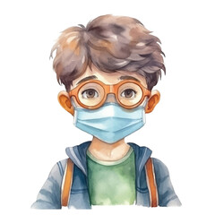 watercolors Cute boy wearing medical mask illustration 