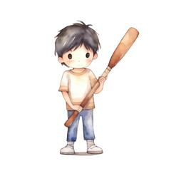 watercolors Cute boy with baseball stick illustration 