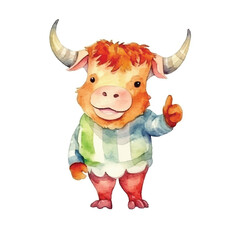 watercolors Cute bull thumbs up illustration 