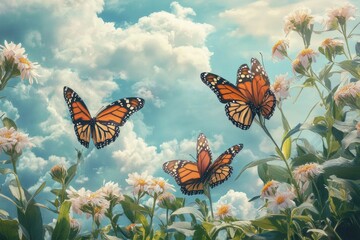 Three monarch butterflies flying over white flowers and blue sky.
