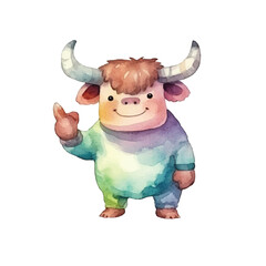watercolors Cute bull thumbs up illustration 