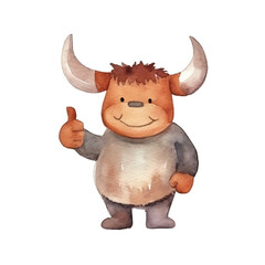 watercolors Cute bull thumbs up illustration 