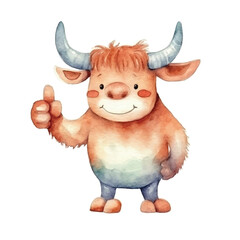 watercolors Cute bull thumbs up illustration 