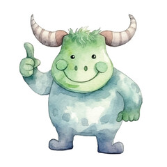 watercolors Cute bull thumbs up illustration 