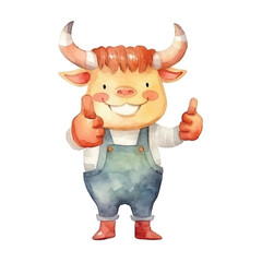 watercolors Cute bull thumbs up illustration 