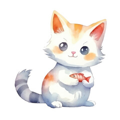 watercolors Cute cat eating fish illustration 