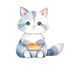 watercolors Cute cat eating fish illustration 
