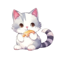 watercolors Cute cat eating fish illustration 