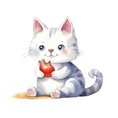 watercolors Cute cat eating fish illustration 