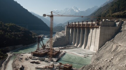 A hydropower dam construction site with cranes, reinforced concrete walls, and technical equipment.