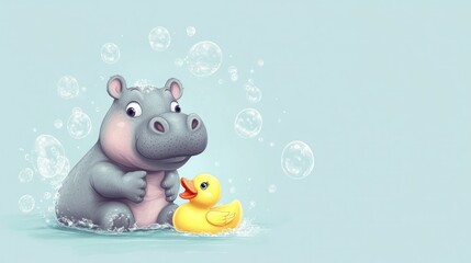 Hippo and ducky bath time, bubbles, pastel background, children's book illustration