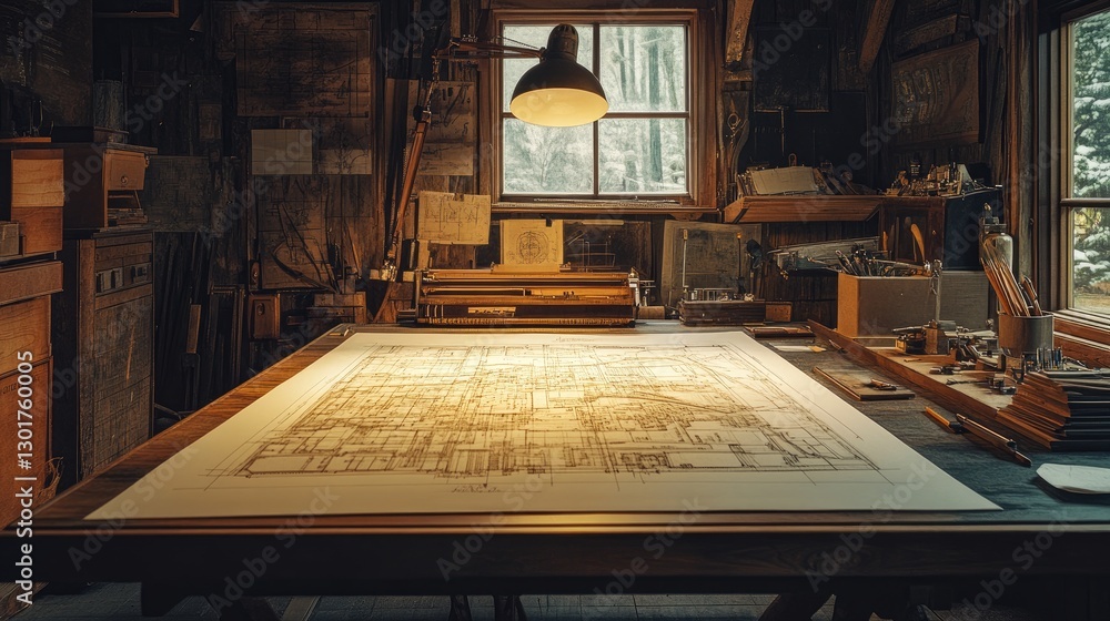 Poster a large-format architectural blueprint spread across a drafting table, illuminated by a desk lamp.
